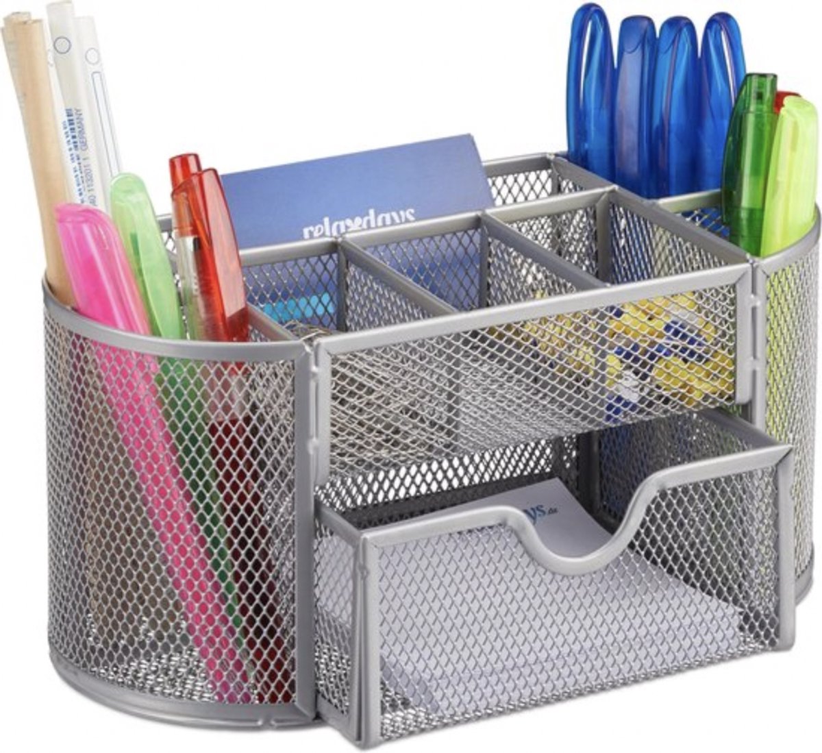 MIRO Pennenbak met 9 Vakken - Pennenhouder/Desk/Bureau/Organizer - Mesh - Pennenbakje met Lade - Zilver