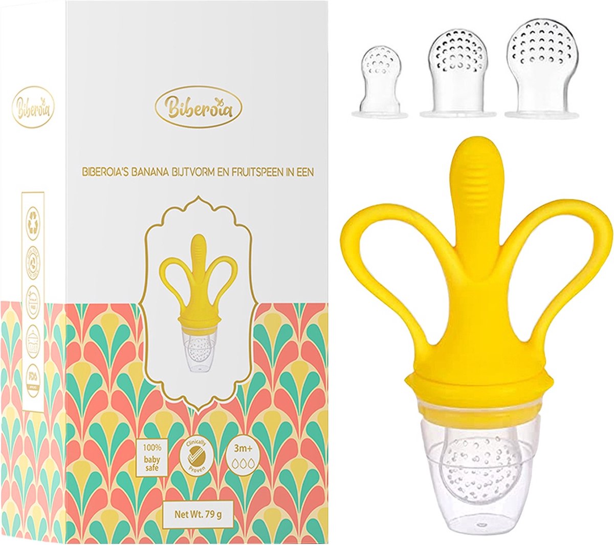 Goedkoopste Biberoia® Bijtring banaan en fruitspeen in 1 - Baby - Fopspeen – Extra speen in 3 maten S M L - Kinderbestek - Baby speelgoed – Kraamcadeau - Babyshower - Geel