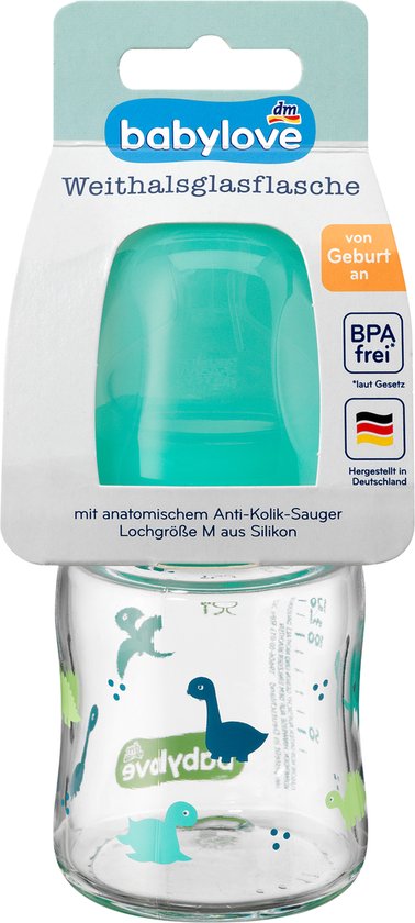 Babyflesje - babylove Glazen babyfles wijde opening, turkoois, 120 ml