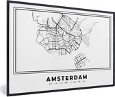 Fotolijst incl. Poster Zwart Wit- Nederland – Amsterdam – Stadskaart – Kaart – Zwart Wit – Plattegrond - 90x60 cm - Posterlijst