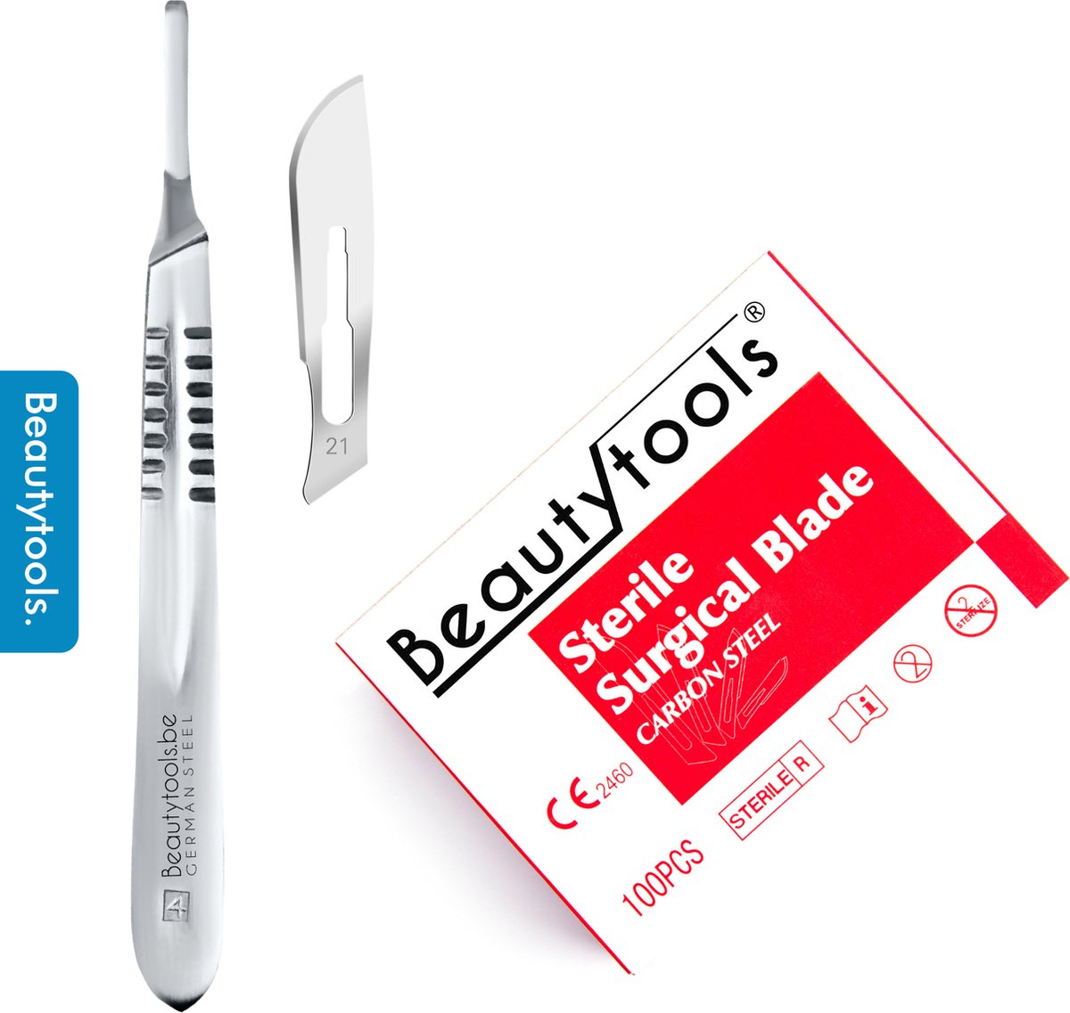 BeautyTools Scalpel Set met Bistouri houder Nr. 4 + Scalpelmesjes Nr. 21 (100 Stuks) - Pedicure Mesjes - Steriel Verpakt (BP-0690)