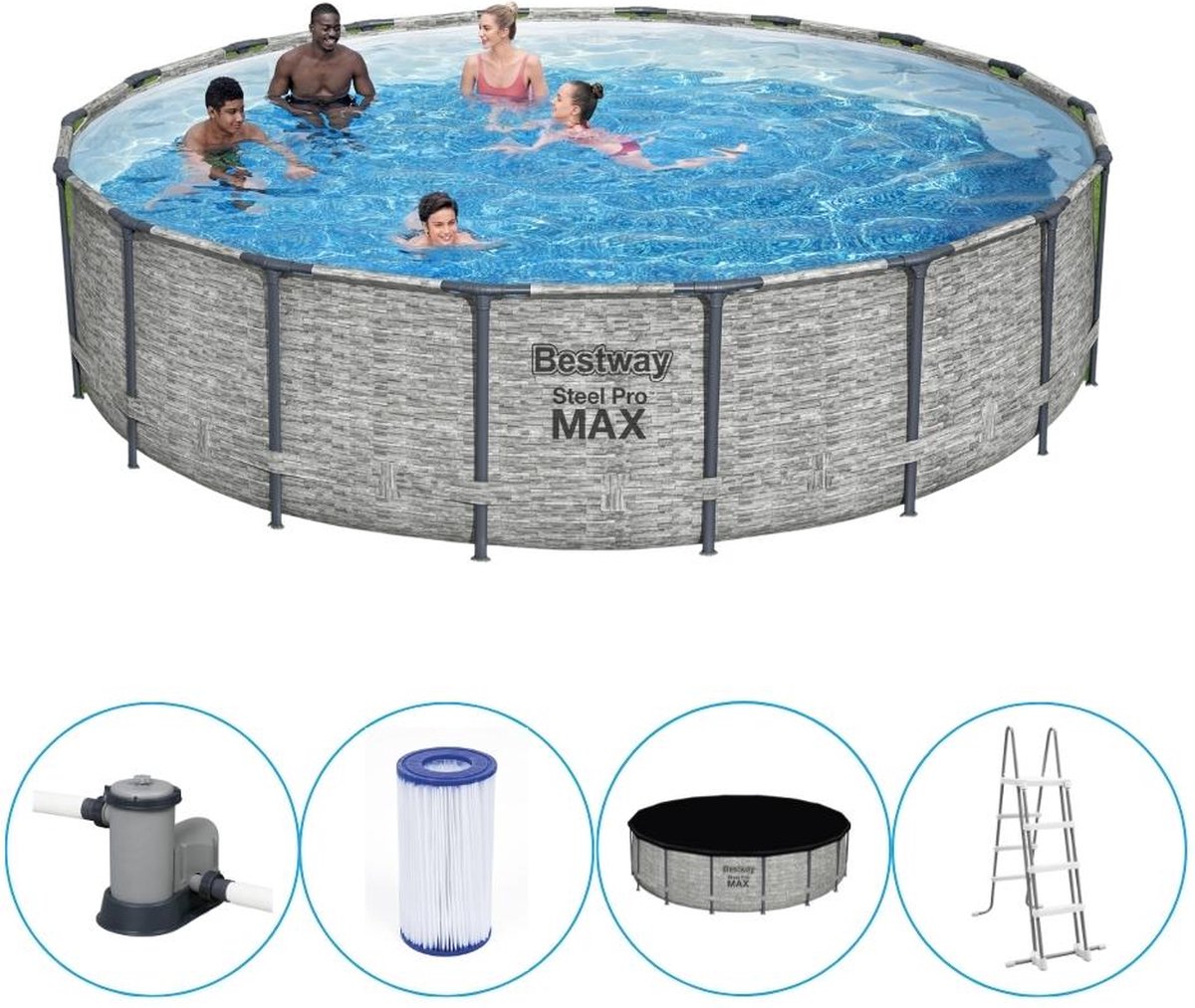 Bestway - Steel Pro MAX - Opzetzwembad inclusief filterpomp - 549x122 cm - Steenprint - Rond — afbeelding 19