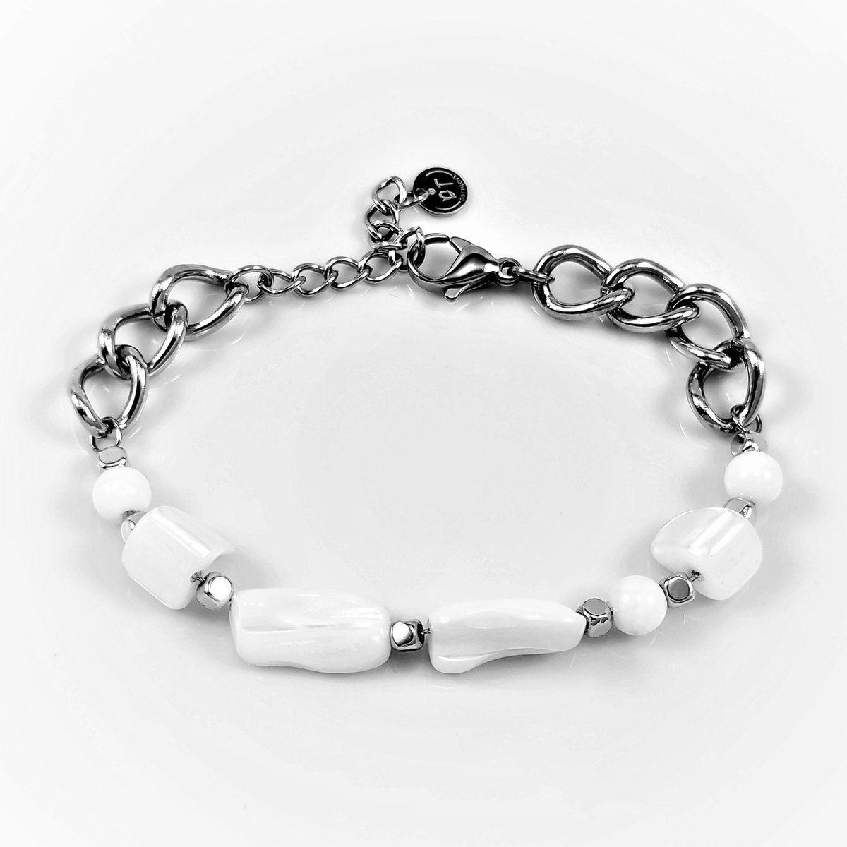 Dottilove Witte Natuursteen Armband Dames - RVS Witgoudkleurig Verguld - Schakelsarmband