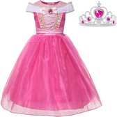 Prinsessen jurk verkleedjurk Luxe 122-128 (130) fel roze + kroon verkleedkleding