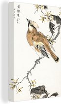 Canvas Schilderij voor Woonkamer - Japandi/Wabi Sabi Stijl - Vogel - Tak - Japans - Gespannen op Houten Frame