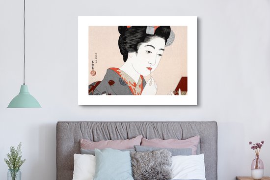 Canvas schilderij 160x120 cm - Wanddecoratie Vintage - Japans - Vrouw - Make up - Muurdecoratie woonkamer - Slaapkamer decoratie - Kamer accessoires - Schilderijen op canvas