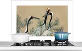 Spatscherm keuken 100x65 cm - Kookplaat achterwand Kraanvogel - Bladeren - Vintage - Japans - Scandinavisch - Muurbeschermer - Spatwand fornuis - Hoogwaardig aluminium