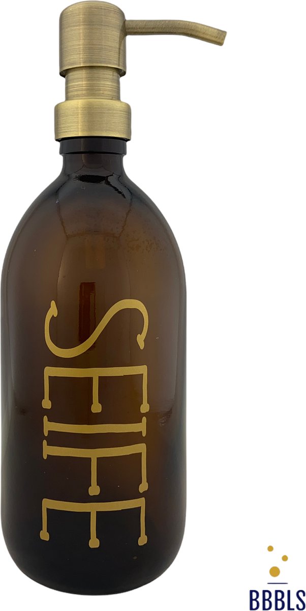 BBBLS® Design Dispenser "Seife" | Bruin Kunststof | 500ml | RVS / Metaal Pomp Goud | Zeeppomp | Zeepdispenser | Zeephouder