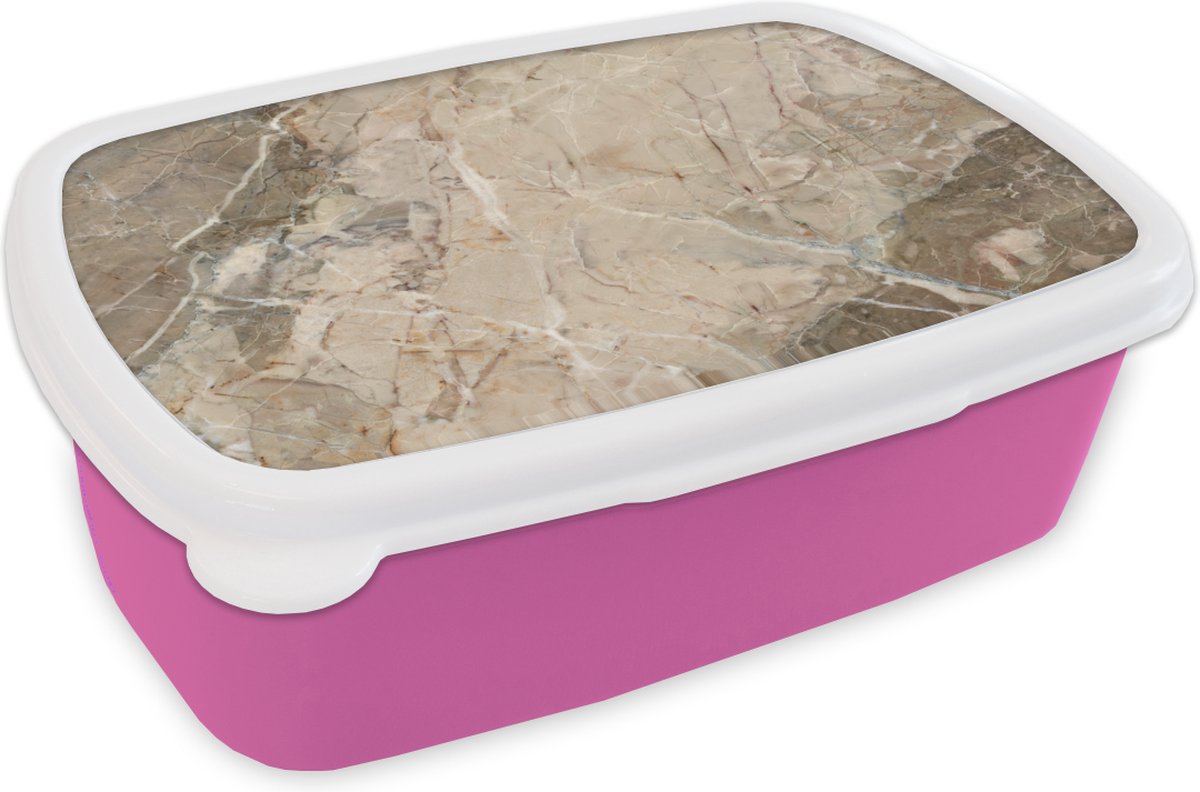 Broodtrommel Roze - Lunchbox - Brooddoos - Graniet - Grijs - Wit - 18x12x6 cm - Kinderen - Meisje