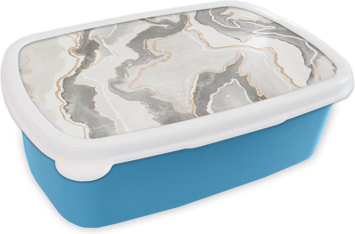 Broodtrommel Blauw - Lunchbox - Brooddoos - Marmer - Bruin - Wit - 18x12x6 cm - Kinderen - Jongen