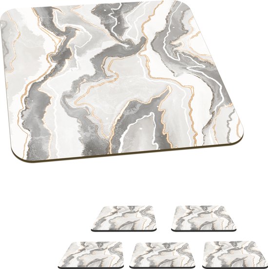 Sous-verres pour verres - Marbre - Grijs - Ligne - 10x10 cm - Sous-verres en verre - 6 pièces