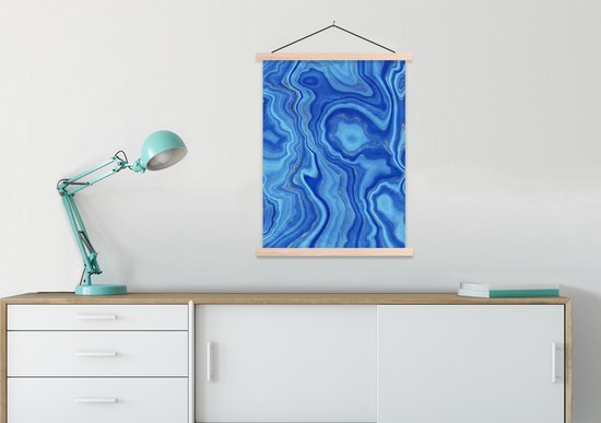 Posterhanger incl. Poster 60x80 cm - Schoolplaat - Marmer - Blauw - Gouden - Textielposter - Blanke latten