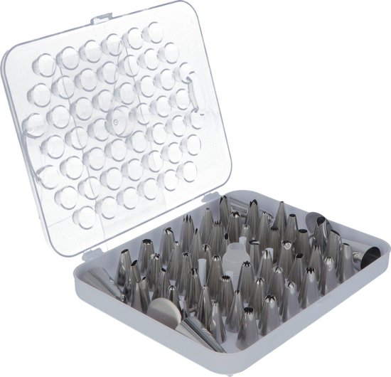 Open opbergdoos met veel verschillende metalen spuitmondjes.