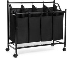Wasmand met 4 vakken, wassorteerder, wasverzamelaar, met wielen, afneembare zakken, speelgoedopslag, 4 x 35 liter, zwart LSF005