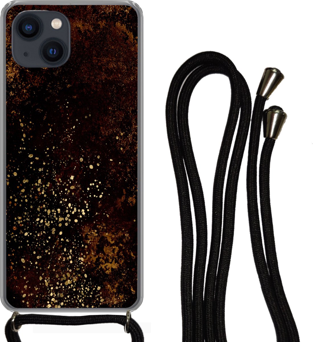 Telefoonkoord - Telefoonketting - Telefoonhoesje Geschikt voor iPhone 13 Mini - Gold - Zwart - Roest print - Vintage - Siliconen - Crossbody - Telefoonhoesje met koord Telefoonhoesje