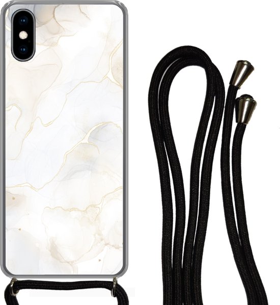 Cordon de téléphone - Chaîne de téléphone - Coque avec cordon iPhone X - Marbre - Wit - Jaune - Siliconen - Bandoulière - Coque de téléphone avec cordon