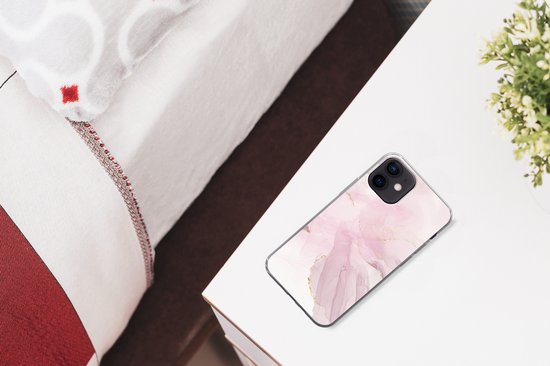Telefoonhoesje Geschikt voor iPhone 12 mini hoesje - Marmer print - Gouden - Lijn - Siliconen Telefoonhoesje Telefoonhoesje
