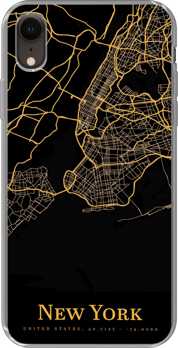 Telefoonhoesje Geschikt voor iPhone XR hoesje - New York - Kaart - Goud - Siliconen Telefoonhoesje Telefoonhoesje