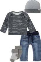 Noppies - Kledingset - 5delig - Spijkerbroek blauw - Shirt grijs met print - Muts en 2psokjes - Maat 62