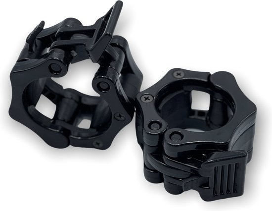 Twee zwarte barbell clips met snelsluiting. Eén clip is geopend.