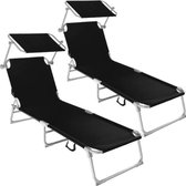 Luxiqo® Ligstoelen met Zonnescherm Set van 2 - Set van 2 Ligstoelen – Stretcher – Loungestoel – Tuinstoelen Inklapbaar – Tuinstoel Set – Verstelbaar – 2 Stuks – Zwart