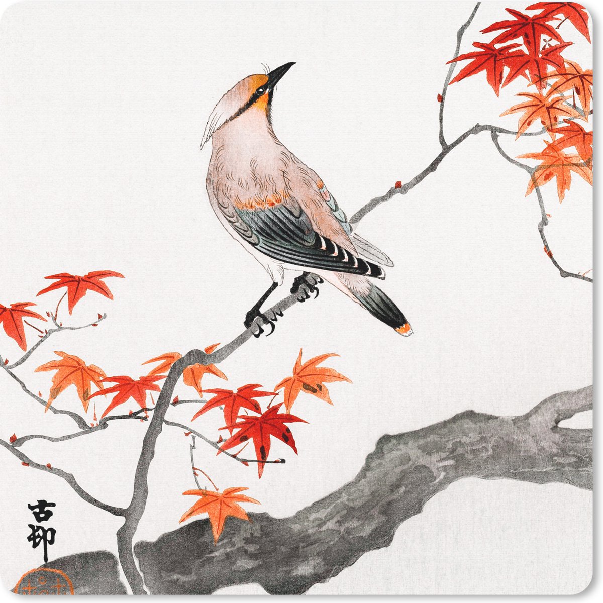Muismat 30x30 cm - Mousepad Vintage - Vogel - Boom - Japanse esdoorn - Muismatten