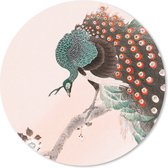 Muismat - Mousepad - Rond - Pauwenveren - Vintage - Pauw - Bloemen - Japans - 20x20 cm - Ronde muismat