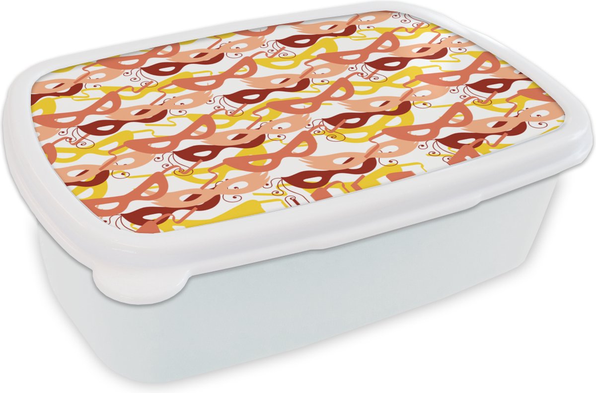 Broodtrommel Wit - Lunchbox - Brooddoos - Masker - Patronen - Carnaval - 18x12x6 cm - Volwassenen