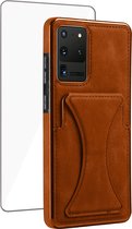 Samsung S22+ Pasjes Houder Hoesje + Samsung S22+ Screenprotector – Gehard Glas Cover - Portemonnee Hoesje met Kickstand - Magnetisch - Bruin