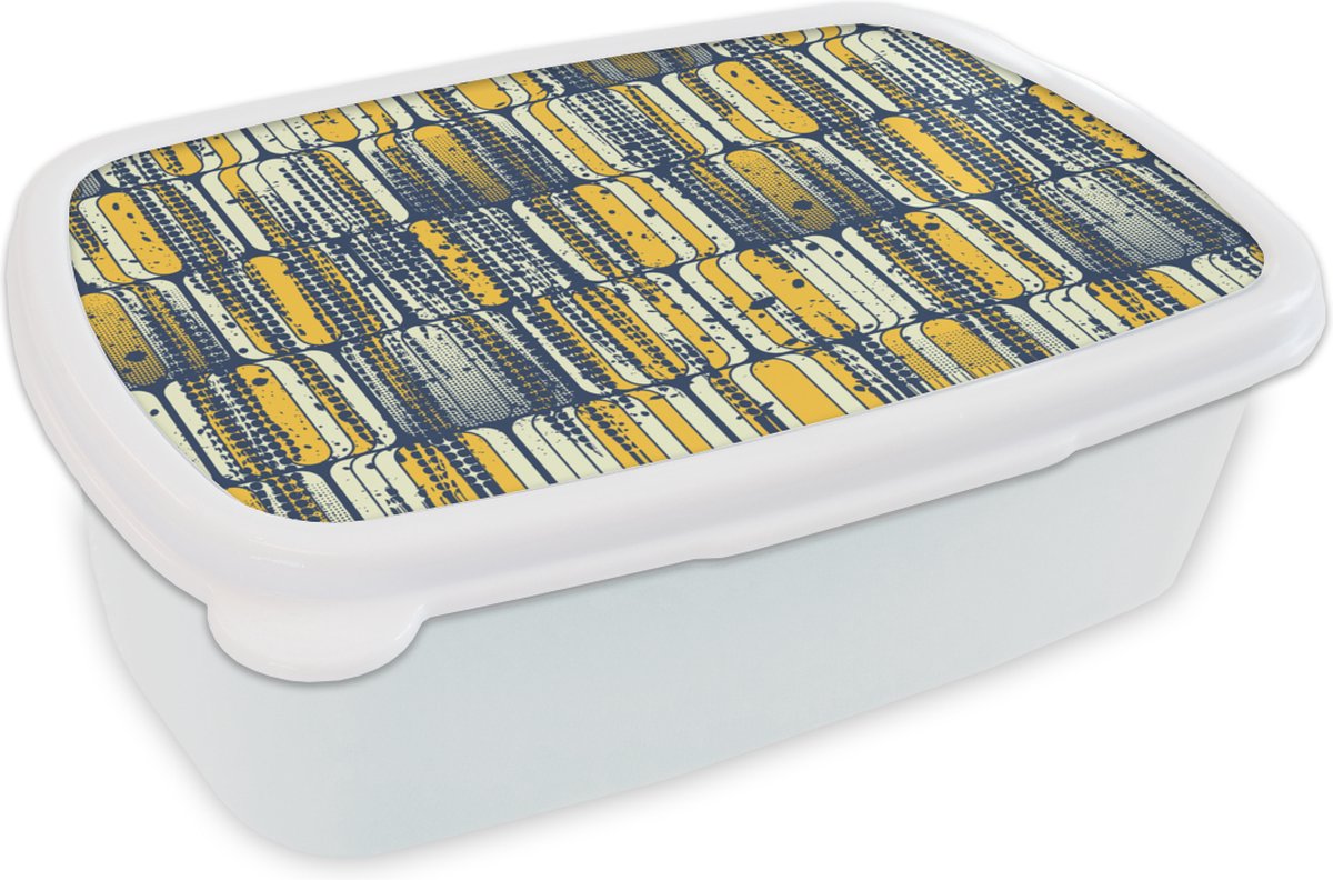 Broodtrommel Wit - Lunchbox - Brooddoos - Sixties - Patronen - Geel - Rock - 18x12x6 cm - Volwassenen