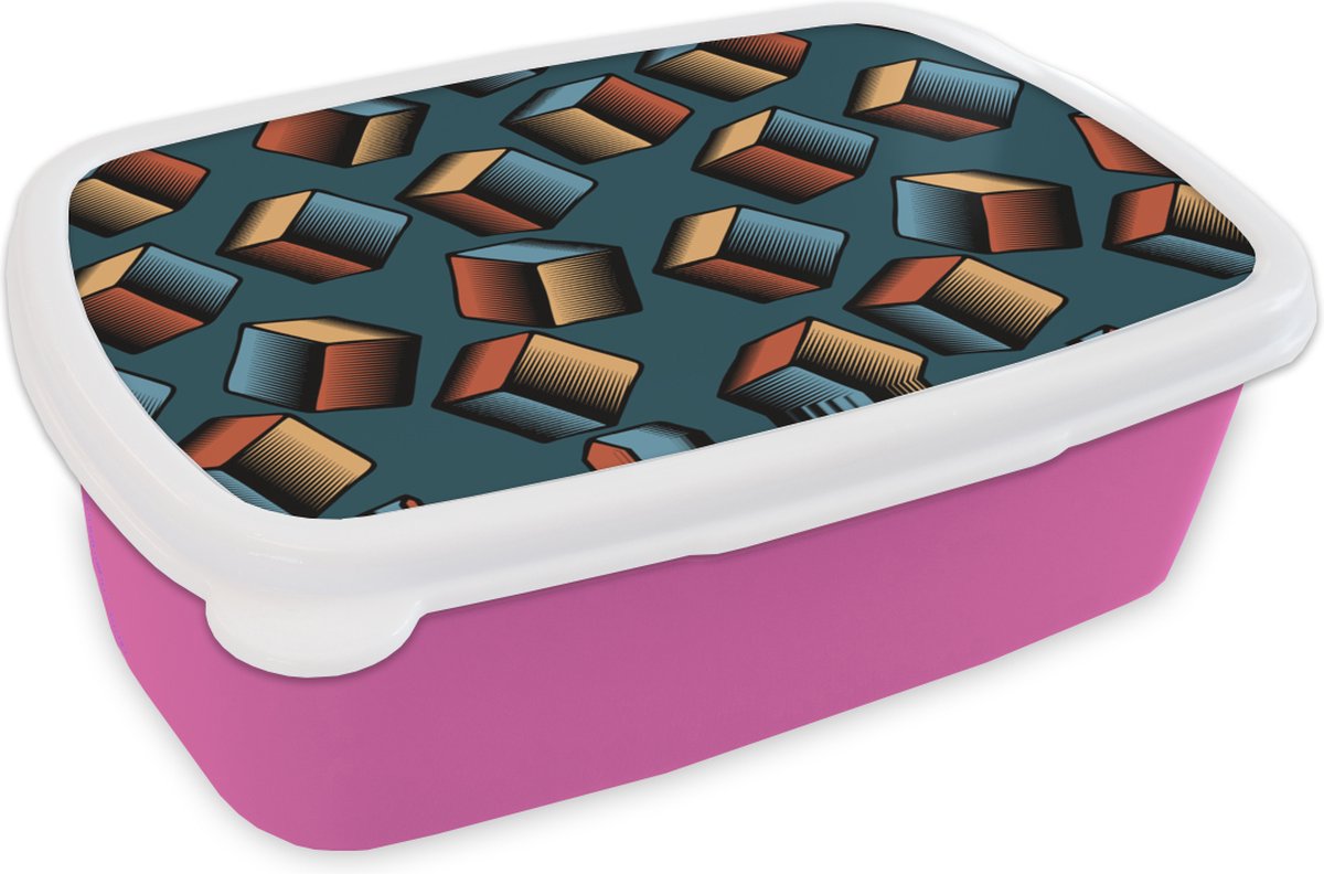 Broodtrommel Roze - Lunchbox - Brooddoos - Patronen - Cube - 3D - 18x12x6 cm - Kinderen - Meisje