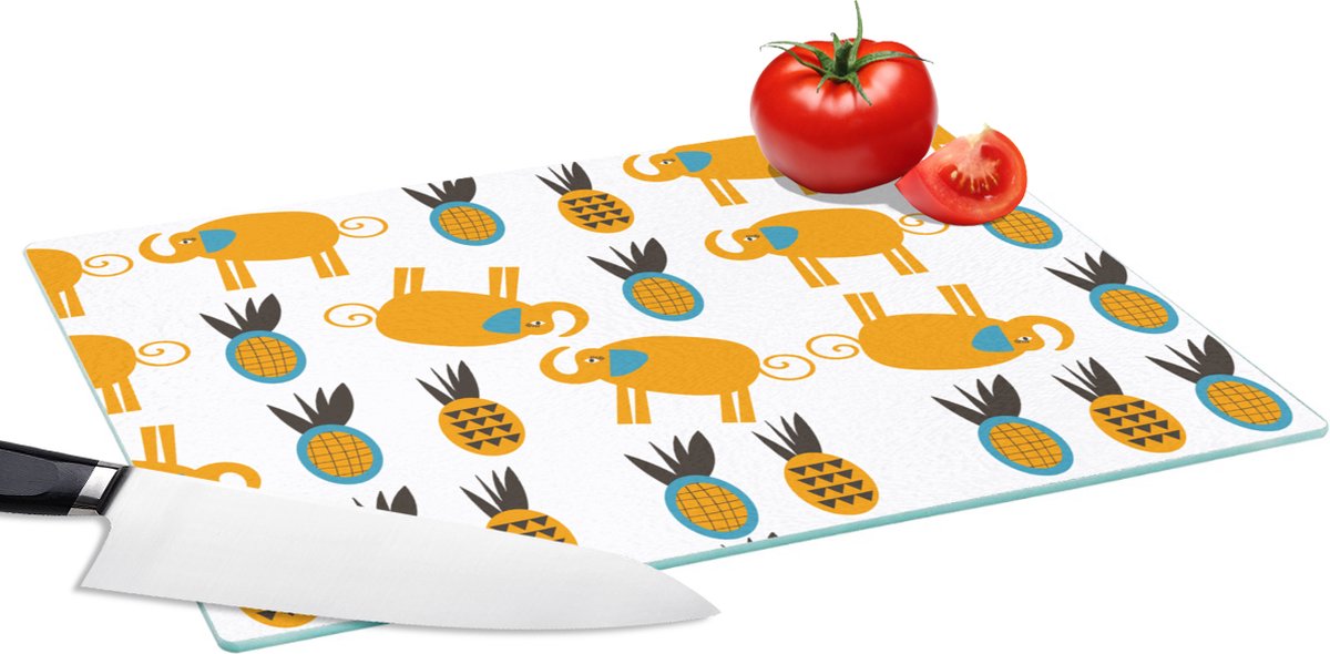 Glazen Snijplank - 39x28 - Olifant - Ananas - Geel - Patroon - Snijplanken Glas