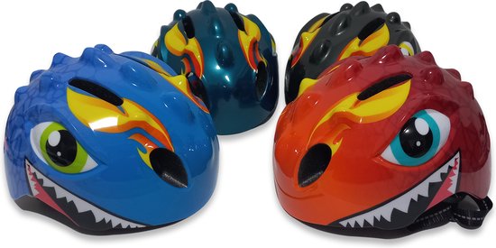 Drie kinderfietshelmen in verschillende kleuren (blauw, groen, rood) met dino-design.