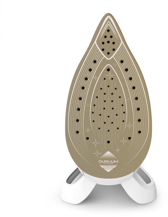 De zoolplaat van een wit en goudkleurig strijkijzer, met stoomgaatjes en het Durillium Airglide logo.