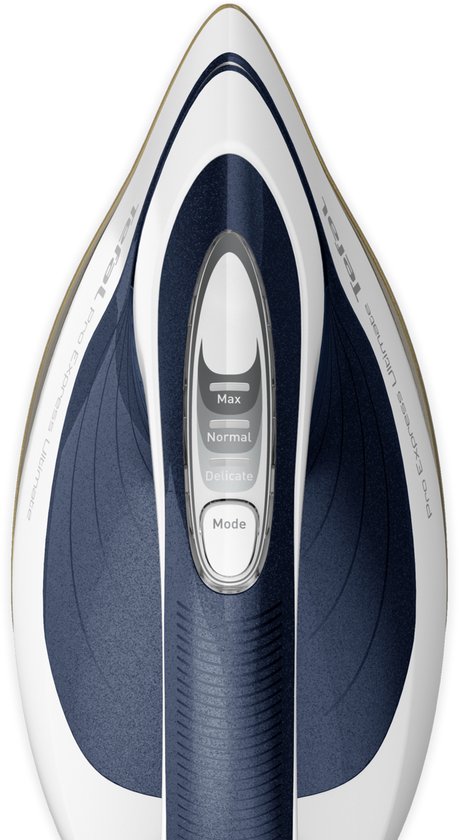 Detailopname van de bovenkant van het witte en donkerblauwe Tefal Pro Express Ultimate II strijkijzer, met de instellingen 'Max', 'Normal', 'Delicate'.