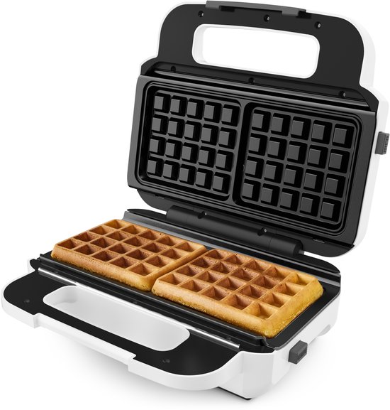Tefal contactgrill met twee gouden wafels, open met zwart grilloppervlak.