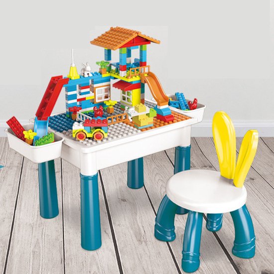 [Op=Op] 4yourkids - Bouwstenen speeltafel - kindertafel en stoel set met 90 blokjes en 2 plaaten - 6-in-1 bureau - water - zand - tekenen - eten - Vroege educatieve ontwikkeling - Jongen en meisjes - Kinderen - 3 jaar - Gift - Cadeau