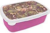 Broodtrommel Roze - Lunchbox - Brooddoos - Vintage - Flamingo - Bladeren - Jungle - Patroon - 18x12x6 cm - Kinderen - Meisje
