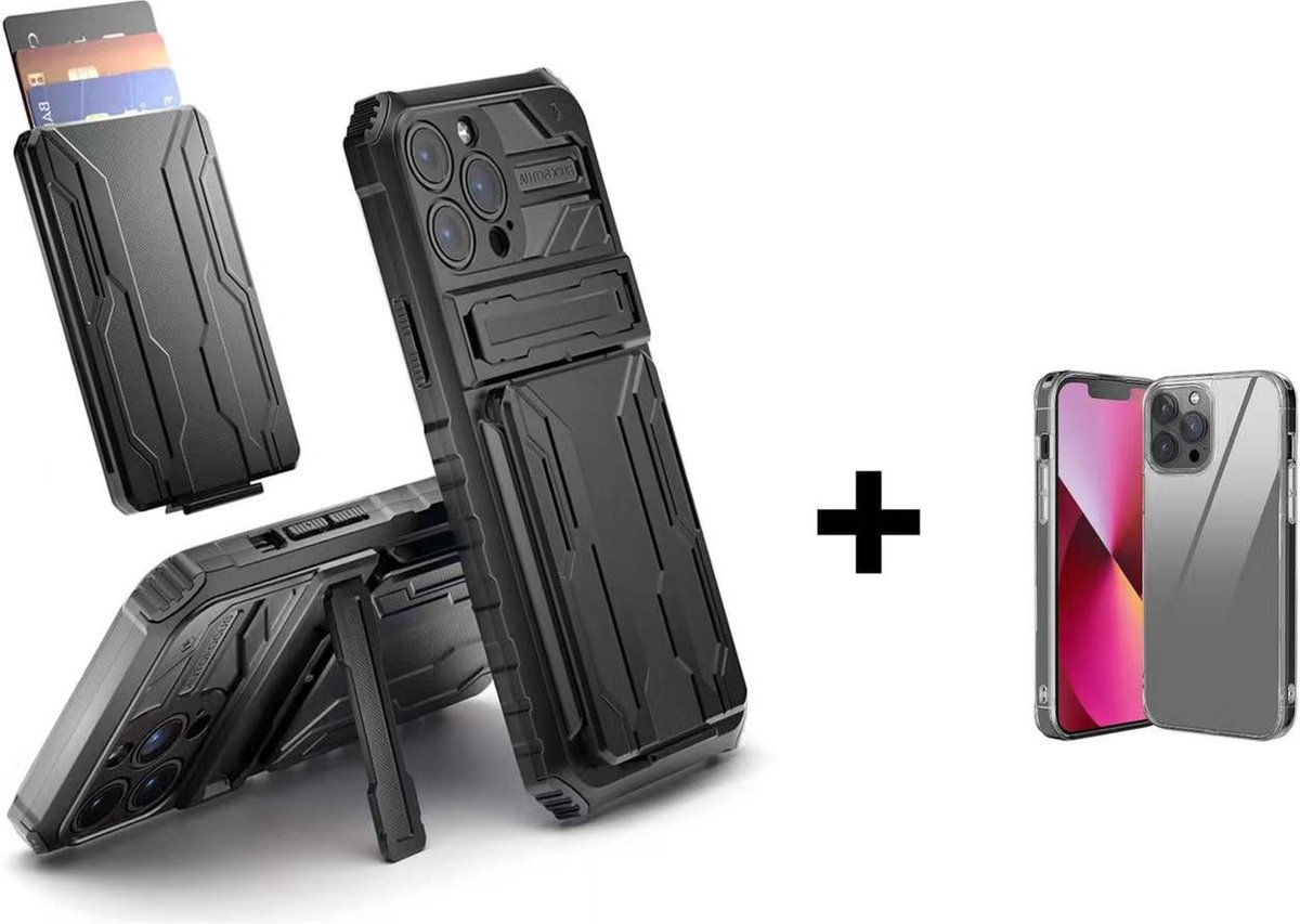 Dawngrey-Hoesje Voor mobiele telefoon - voor iPhone 13 Pro Max(6.7inch) -met Verwisselbare portemonnee (zwart)-Anti Shock Hybrid Armour Hard Rugged-!Gratis geschenk( een Dun schokbestendig siliconen hoesje)