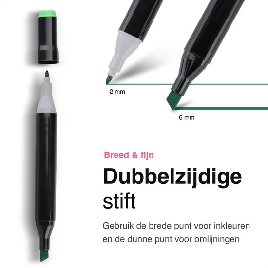 Dubbelzijdige stift met fijne punt van 2 mm en brede punt van 6 mm, in donkergroen.
