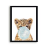Poster Jungle tijger met blauwe kauwgom - Jungle dieren / Kauwgombel / 30x21cm