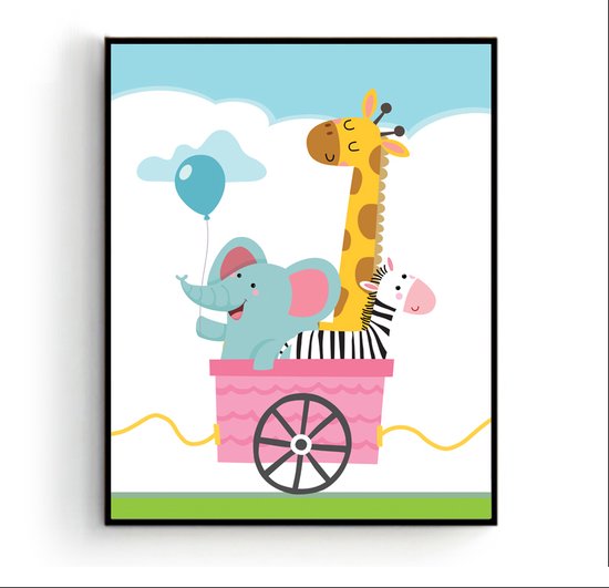 Poster Olifant Giraf Zebra in de Trein - Kinderkamer - Dierenposter - Babykamer / Kinderposter - Babyshower Cadeau - Muurdecoratie - 40x30cm - Postercity