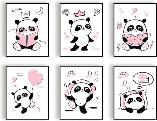 Poster Set 6 Panda met boekje prinses watermeloen ballon muziek en slapen - Roze Hartje / Meisje / 50x40cm