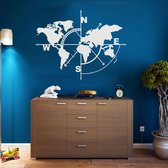 Wanddecoratie |Wereldkaart Kompas /  World Map Compass  decor | Metal - Wall Art | Muurdecoratie | Woonkamer |Wit| 140x104cm
