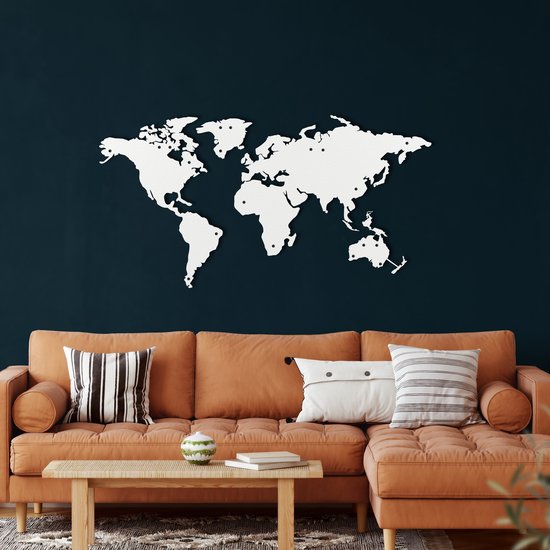 Foto: Wanddecoratie wereldkaart world map decor metal wall art muurdecoratie woonkamer wit 101x53cm