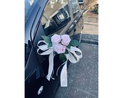 AUTODECO.NL - MIA LICHT ROZE Trouwauto Versiering Licht Roze Rozen met Linten - Bloemen op de Auto Bruiloft - Buitenspiegels Decoratie - Trouwerij/ Huwelijk/Bruiloft Decoratie/ Versiering Spiegel Auto/ Autoversiering voor Volgauto's