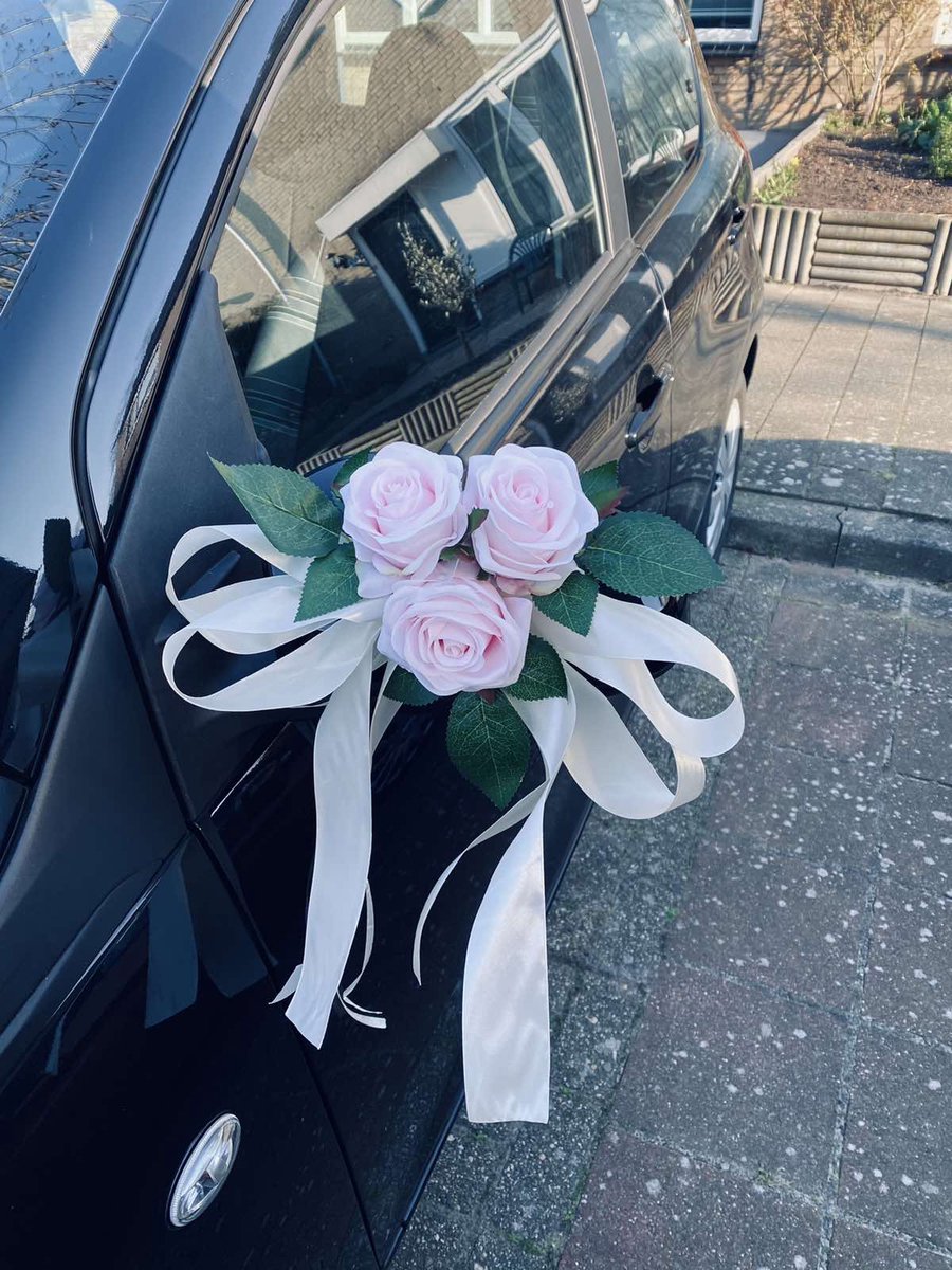 AUTODECO.NL - MIA LICHT ROZE Trouwauto Versiering Licht Roze Rozen met Linten 2 stuks - Bloemen op de Auto Bruiloft - Buitenspiegels Decoratie - Trouwerij/ Huwelijk/Bruiloft Decoratie/ Versiering Spiegel Auto/ Autoversiering voor Volgauto's
