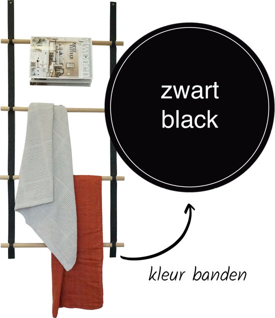 Wandladder 57cm  - Zwart Leer / rondhout |  by Handles and more & Woetwurm