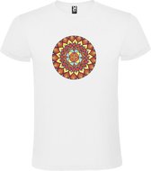 Wit T-shirt met Grote Mandala in Geel, Rood en Oranje kleuren size L