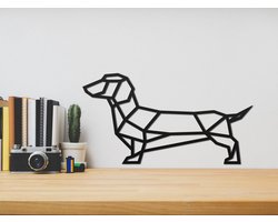 HOUTEN WANDDECORATIE / WOODEN WALL DECORATION - GEOMETRISCHE MUURDECORATIE / GEOMETRIC WALL ART - WORSTHOND / TECKEL / DACHSHUND / WIENERDOG - 50 x 27cm - ZWART / BLACK - ORIGAMI DESIGN WANDFIGUUR - ECHT HOUT - REAL WOOD - HONDEN / DOGS